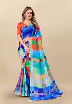 Golden Digital Print Linen Saree Set