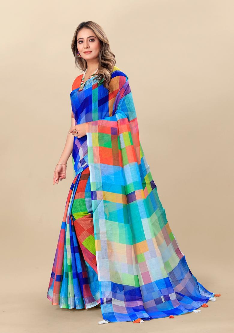 Golden Digital Print Linen Saree Set