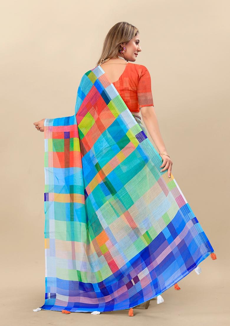 Golden Digital Print Linen Saree Set