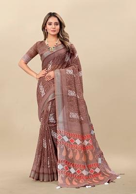 Golden Digital Print Linen Saree Set