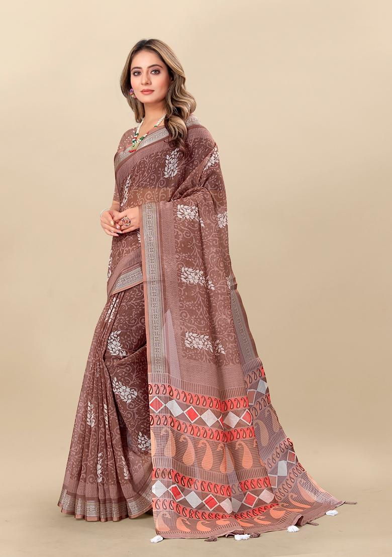 Golden Digital Print Linen Saree Set