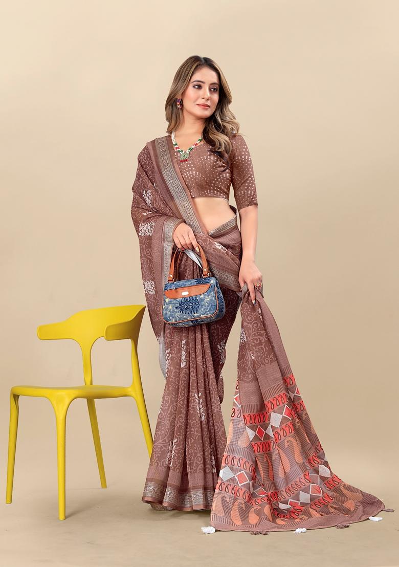 Golden Digital Print Linen Saree Set