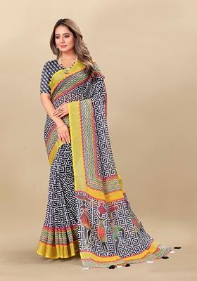 Golden Digital Print Linen Saree Set