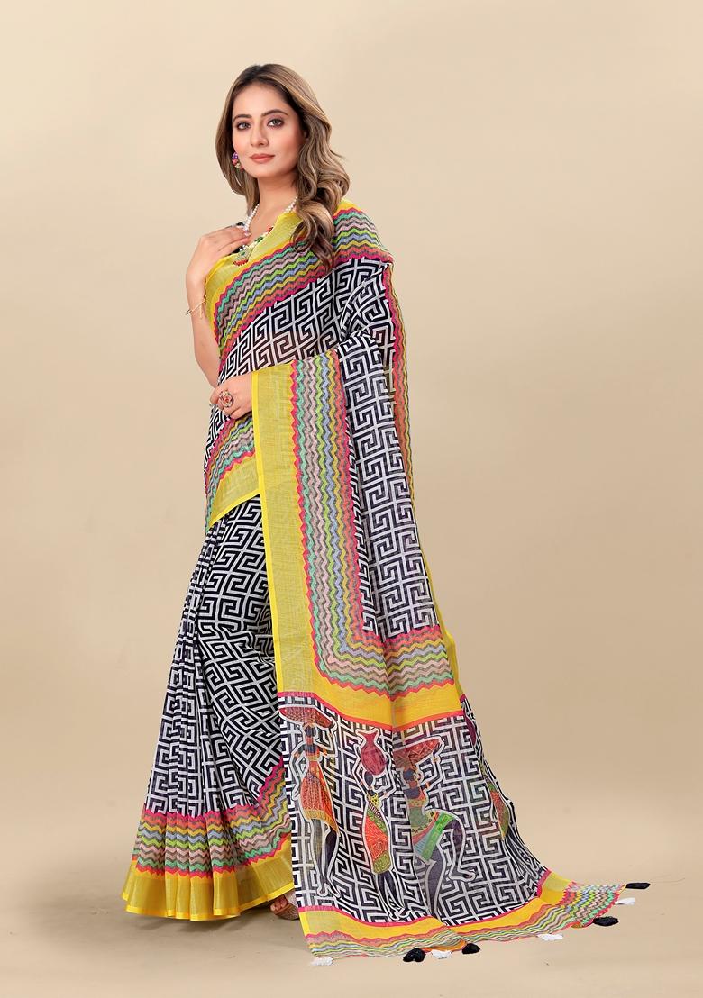 Golden Digital Print Linen Saree Set