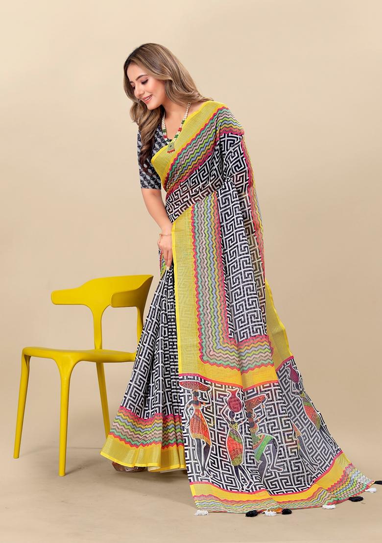 Golden Digital Print Linen Saree Set