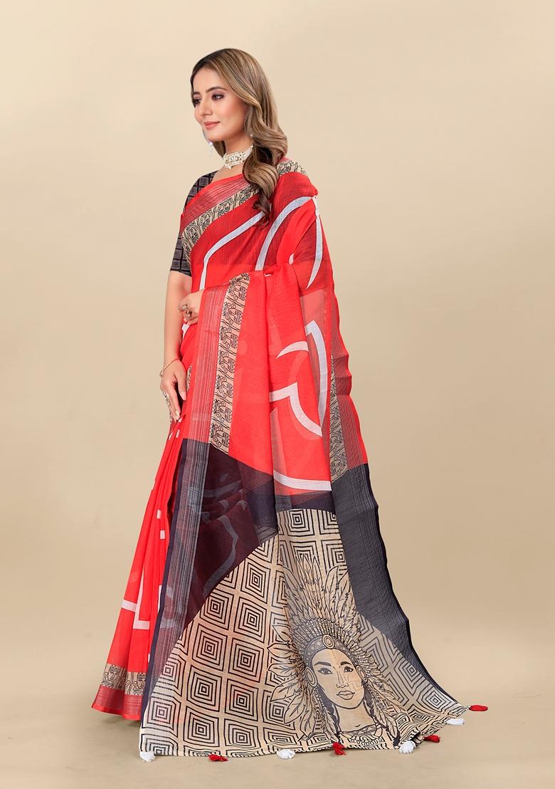 Golden Digital Print Linen Saree Set