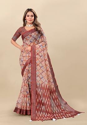 Golden Digital Print Linen Saree Set