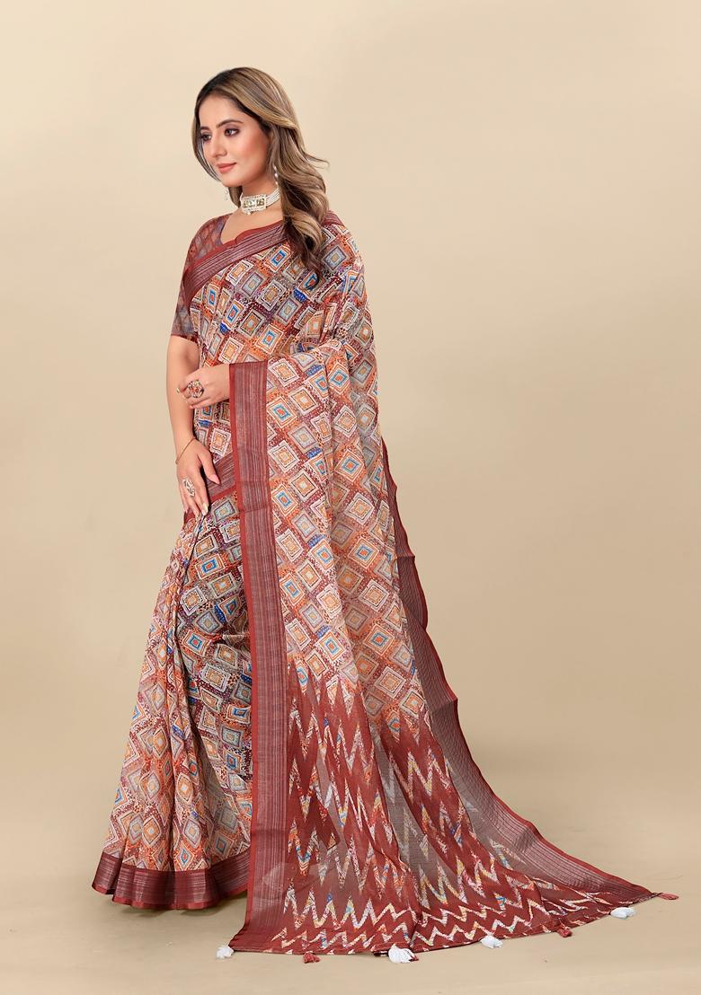 Golden Digital Print Linen Saree Set
