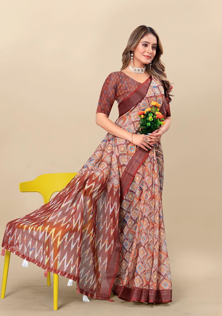 Golden Digital Print Linen Saree Set