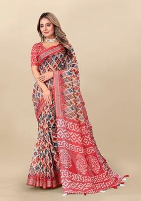 Golden Digital Print Linen Saree Set