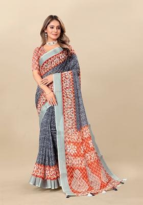 Golden Digital Print Linen Saree Set