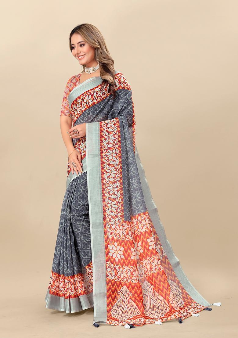 Golden Digital Print Linen Saree Set