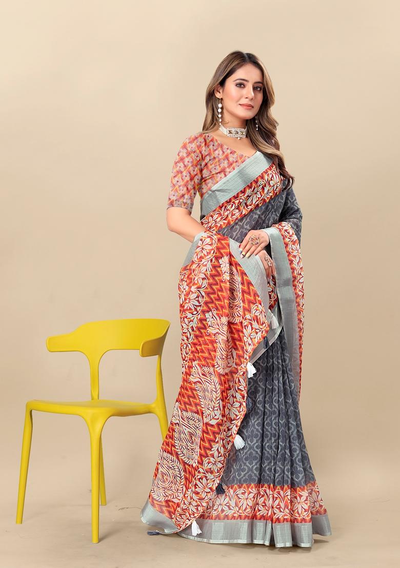 Golden Digital Print Linen Saree Set
