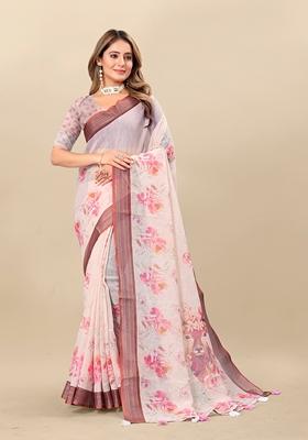 Golden Digital Print Linen Saree Set