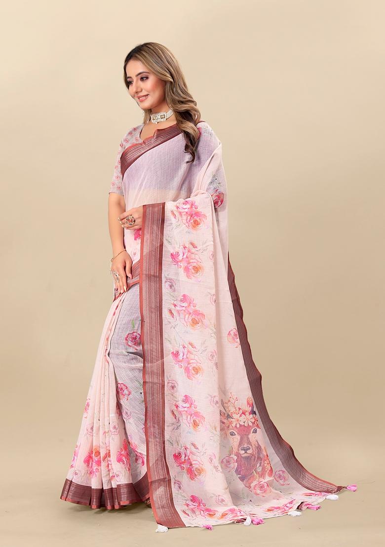 Golden Digital Print Linen Saree Set