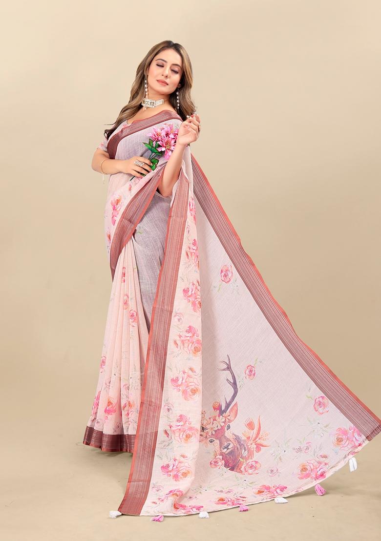 Golden Digital Print Linen Saree Set