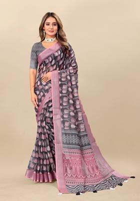 Golden Digital Print Linen Saree Set