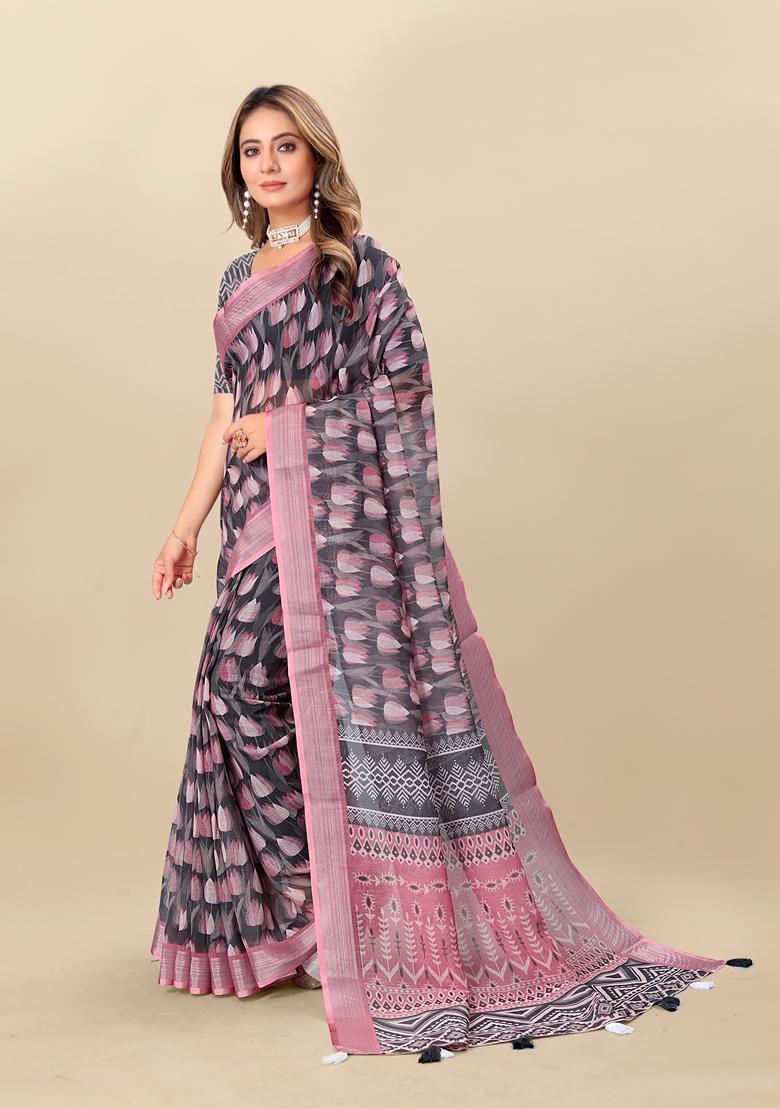 Golden Digital Print Linen Saree Set