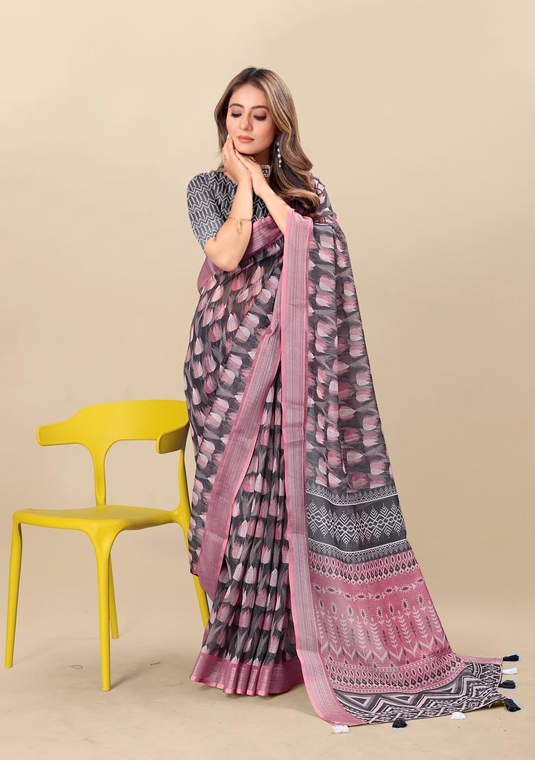 Golden Digital Print Linen Saree Set