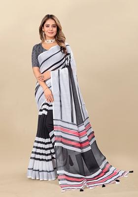 Golden Digital Print Linen Saree Set