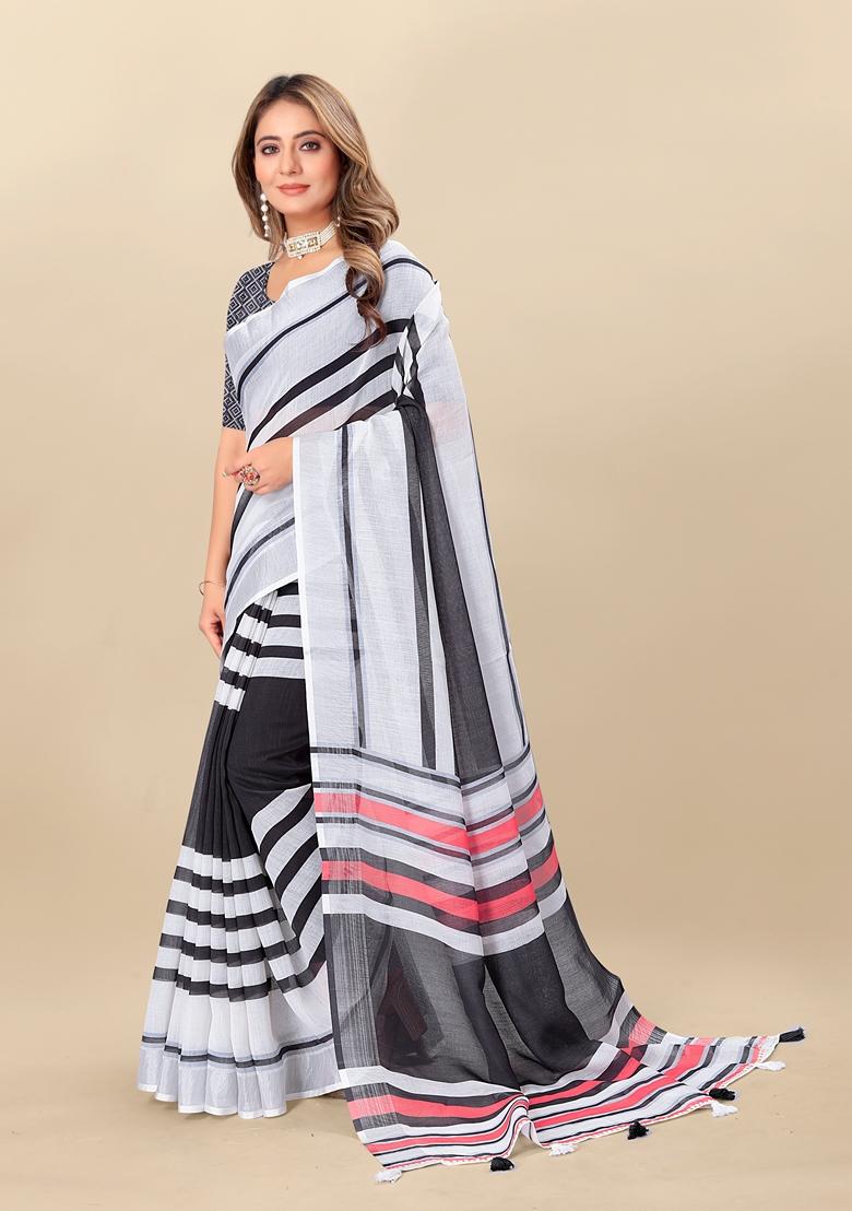 Golden Digital Print Linen Saree Set