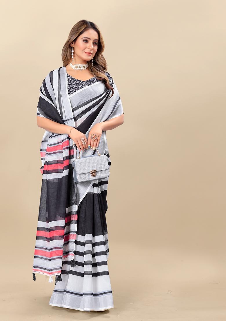 Golden Digital Print Linen Saree Set