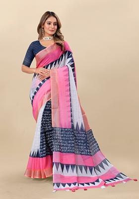 Golden Digital Print Linen Saree Set