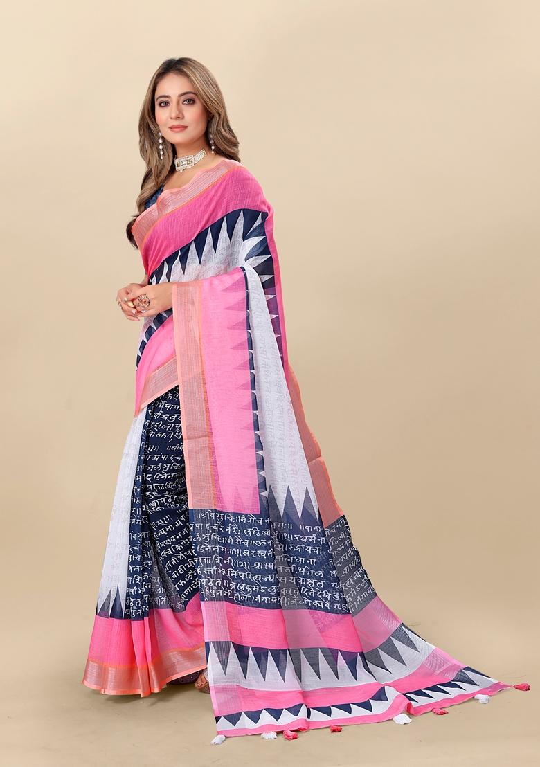 Golden Digital Print Linen Saree Set