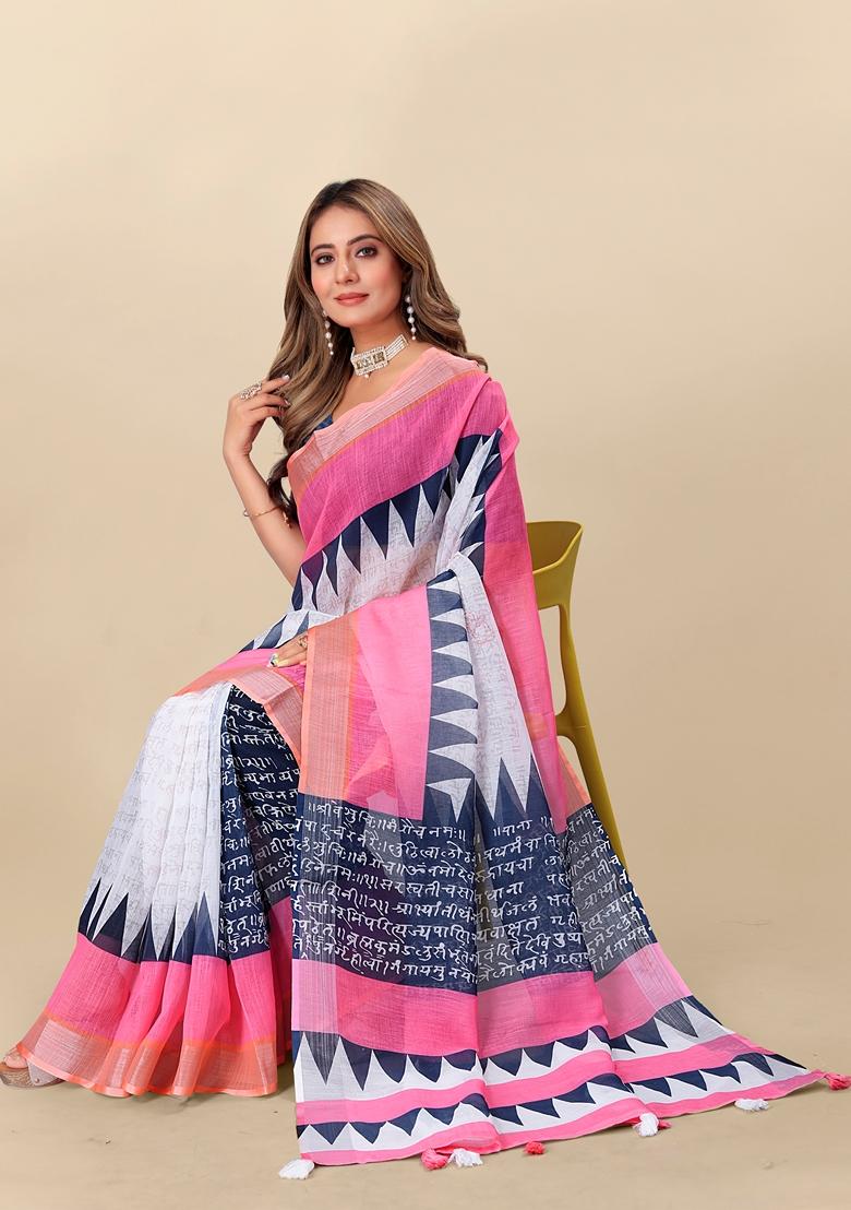 Golden Digital Print Linen Saree Set