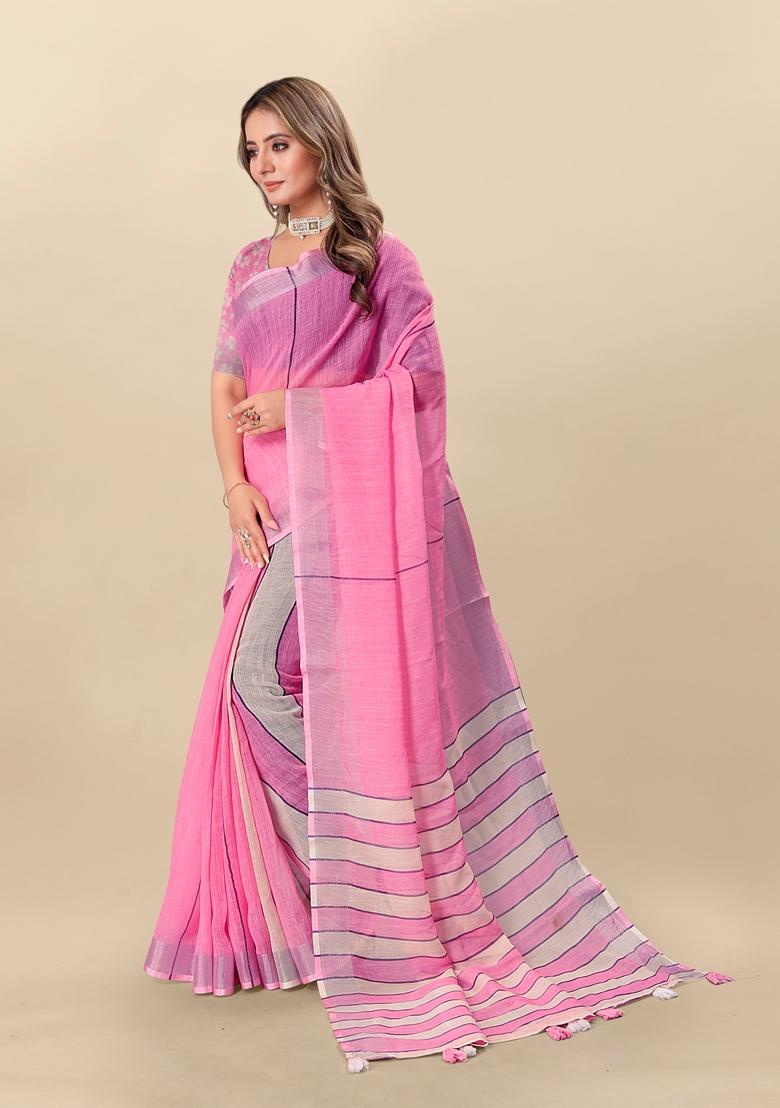Golden Digital Print Linen Saree Set