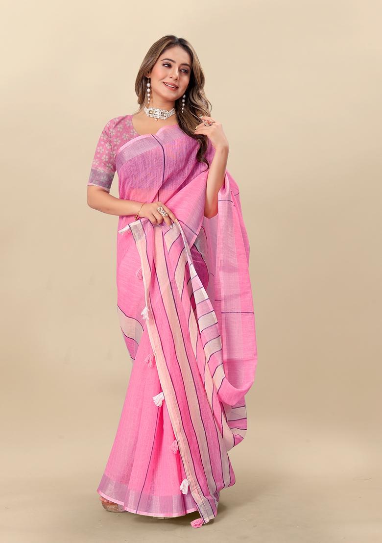 Golden Digital Print Linen Saree Set