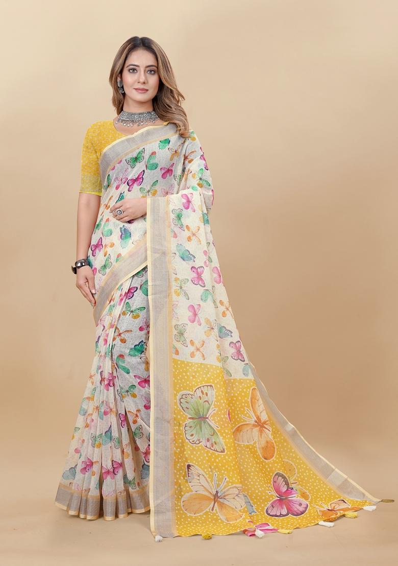 Golden Digital Print Linen Saree Set