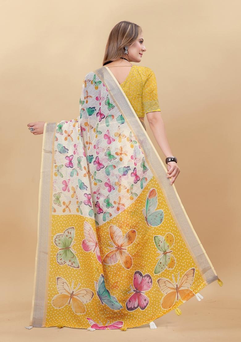 Golden Digital Print Linen Saree Set