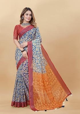 Golden Digital Print Linen Saree Set