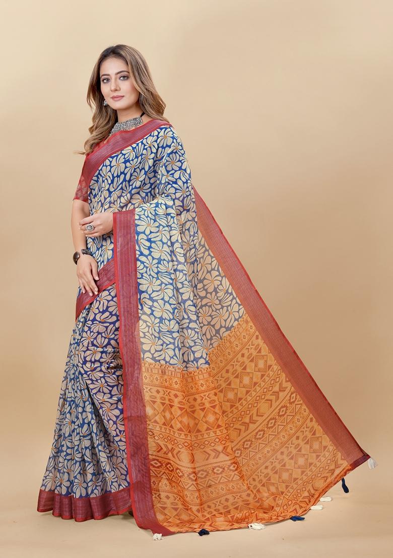 Golden Digital Print Linen Saree Set