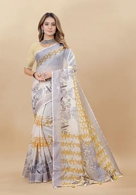 Golden Digital Print Linen Saree Set