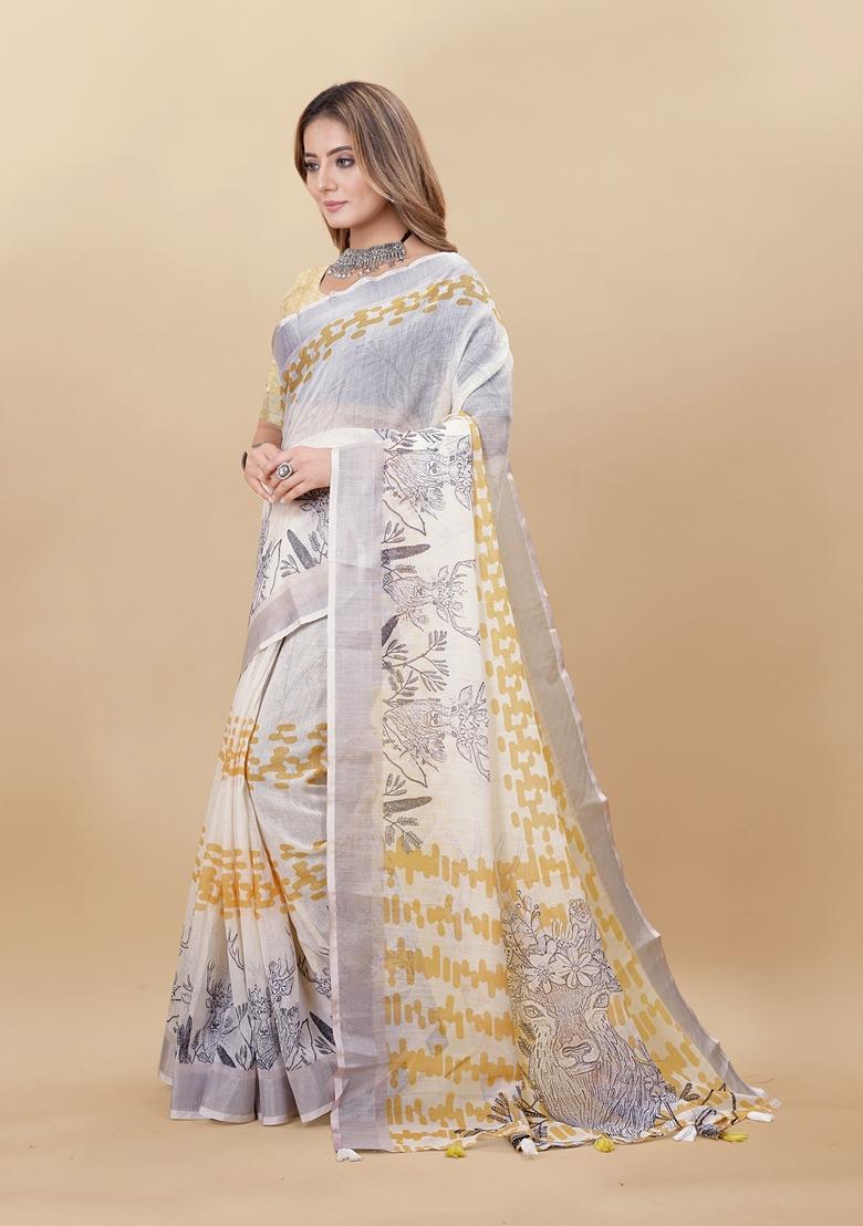 Golden Digital Print Linen Saree Set