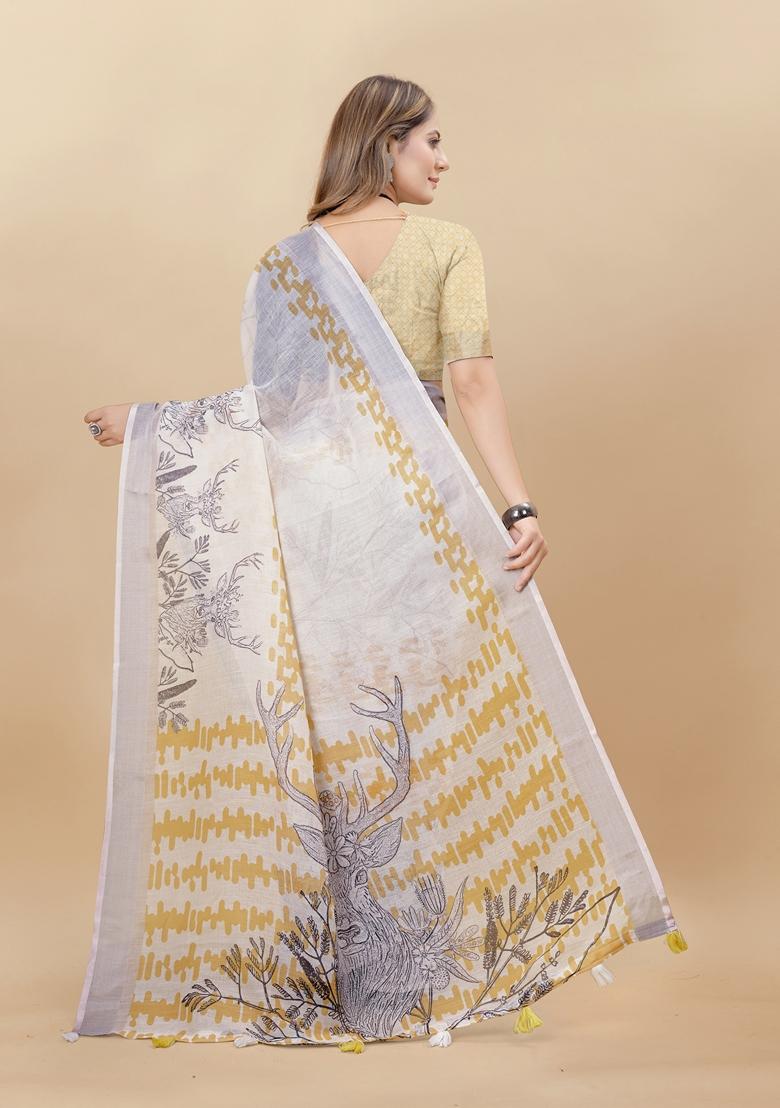 Golden Digital Print Linen Saree Set