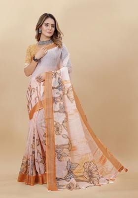 Golden Digital Print Linen Saree Set