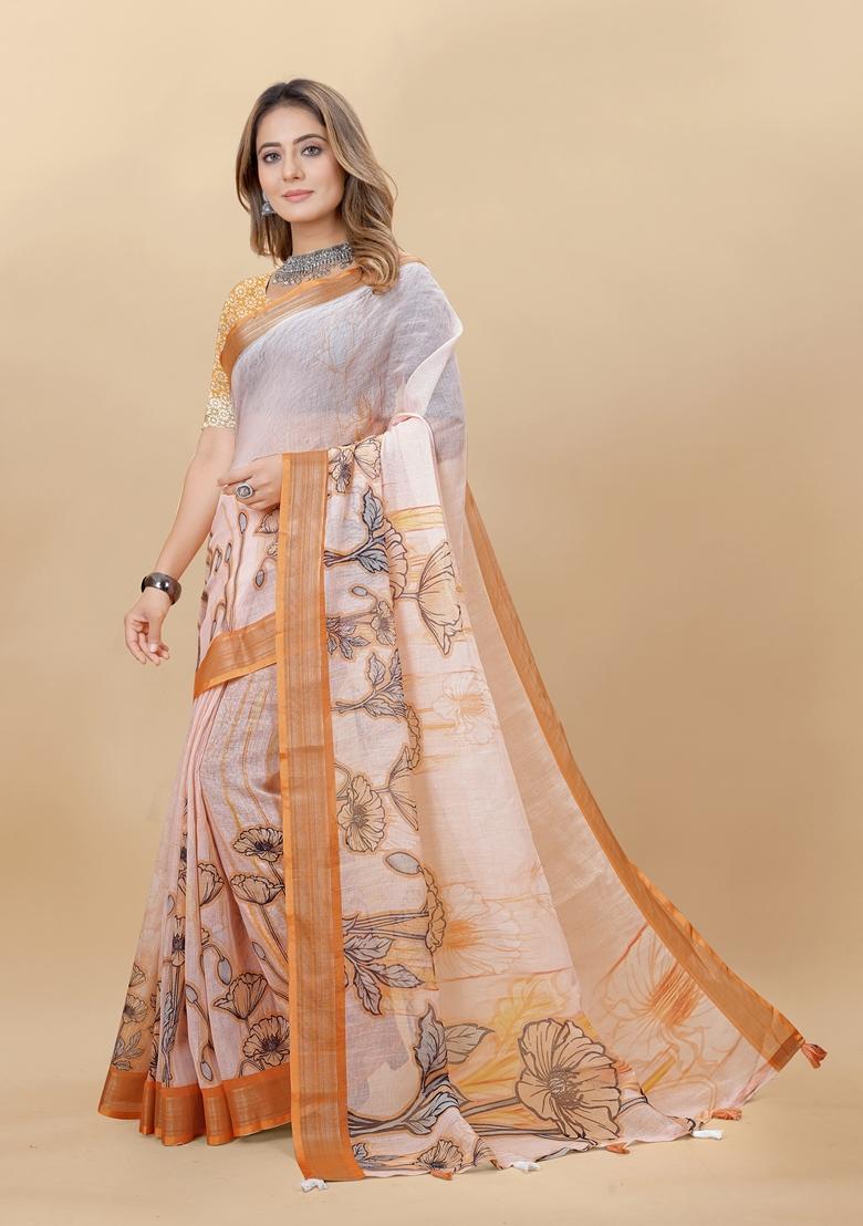 Golden Digital Print Linen Saree Set