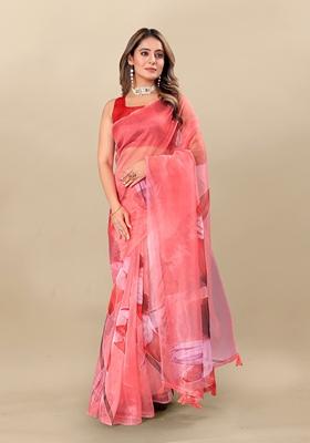 Golden Digital Print Organza Silk Saree Set