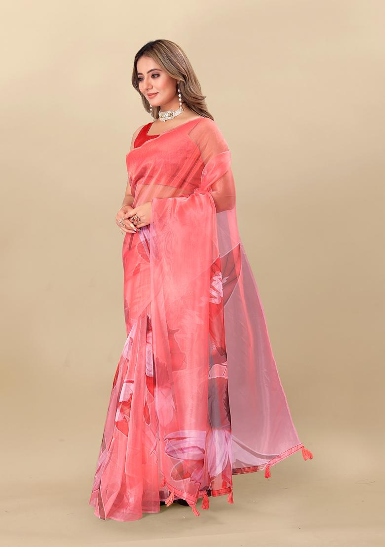 Golden Digital Print Organza Silk Saree Set