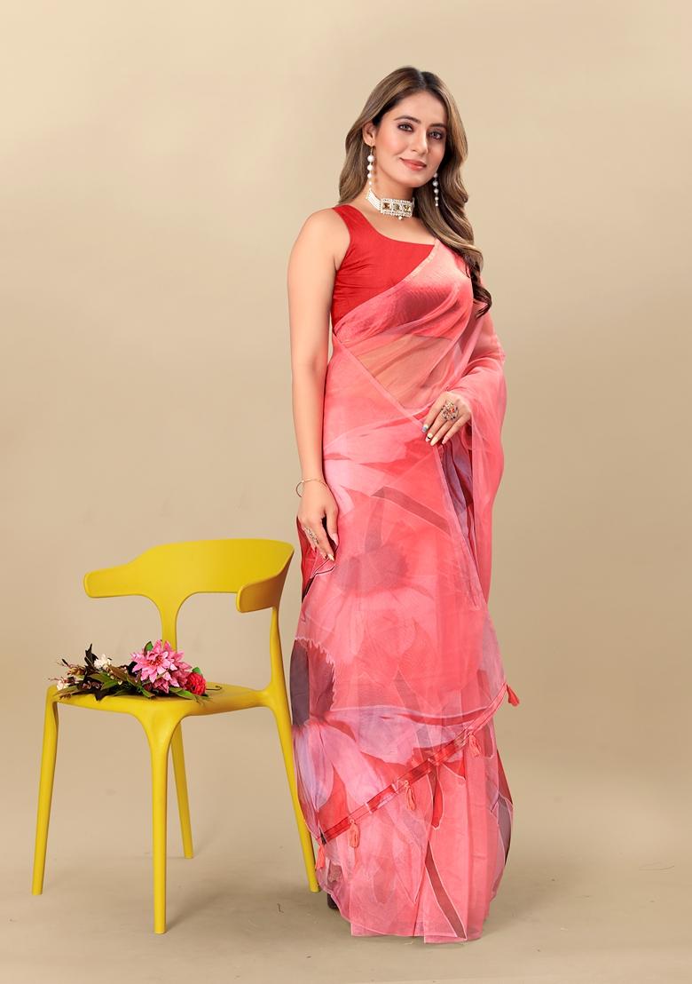 Golden Digital Print Organza Silk Saree Set