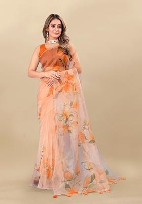 Golden Digital Print Organza Silk Saree Set