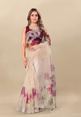 Golden Digital Print Organza Silk Saree Set