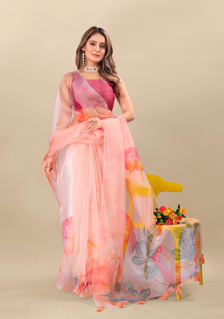 Golden Digital Print Organza Silk Saree Set