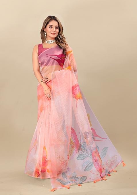 Golden Digital Print Organza Silk Saree Set