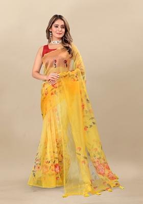 Golden Digital Print Organza Silk Saree Set