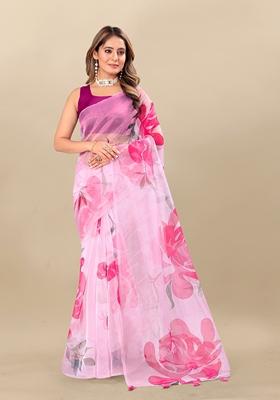 Golden Digital Print Organza Silk Saree Set