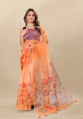 Golden Digital Print Organza Silk Saree Set